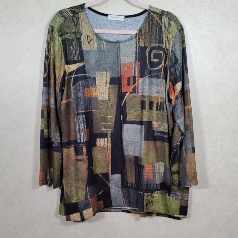 05126 Jess & Jane green, black & rust sweater knit tunic blouse XL